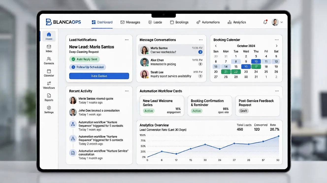 CRM dashboard showing leads, replies, and booked jobs